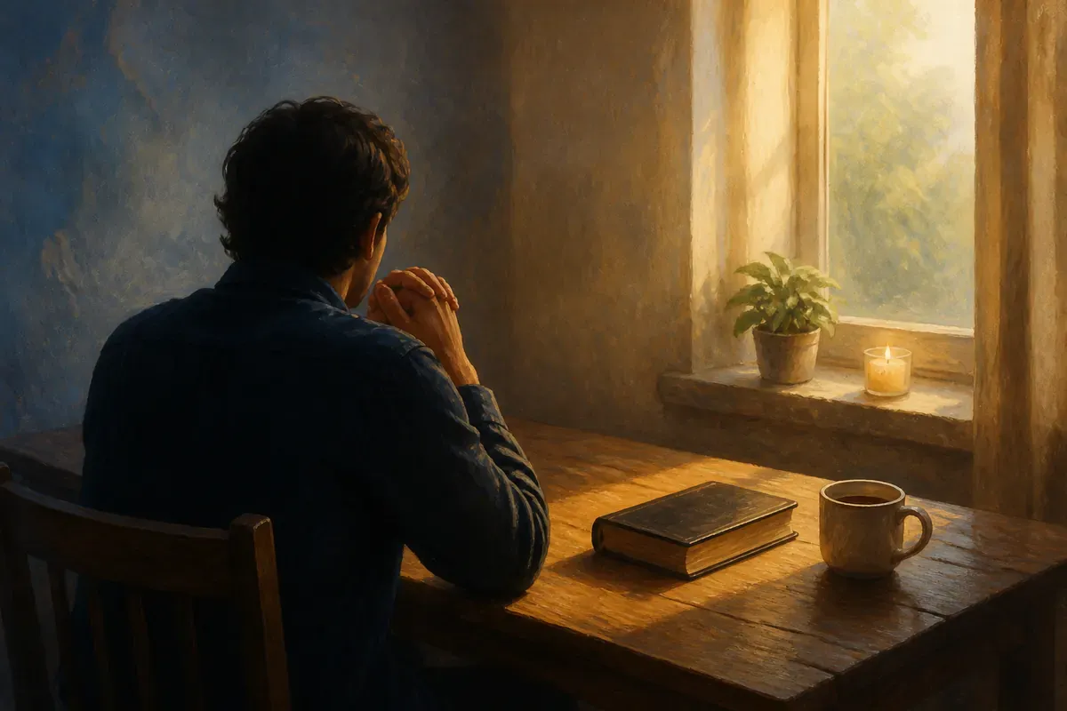 Una persona vista de espaldas orando junto a una ventana, con una taza y una Biblia cerrada