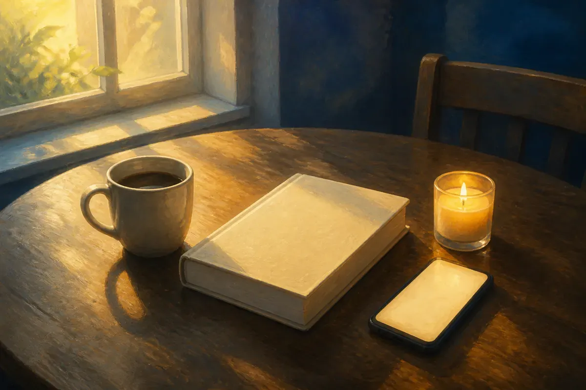 A coffee cup, closed Bible, candle, and phone with a plain warm glow rest on a kitchen table in morning light.