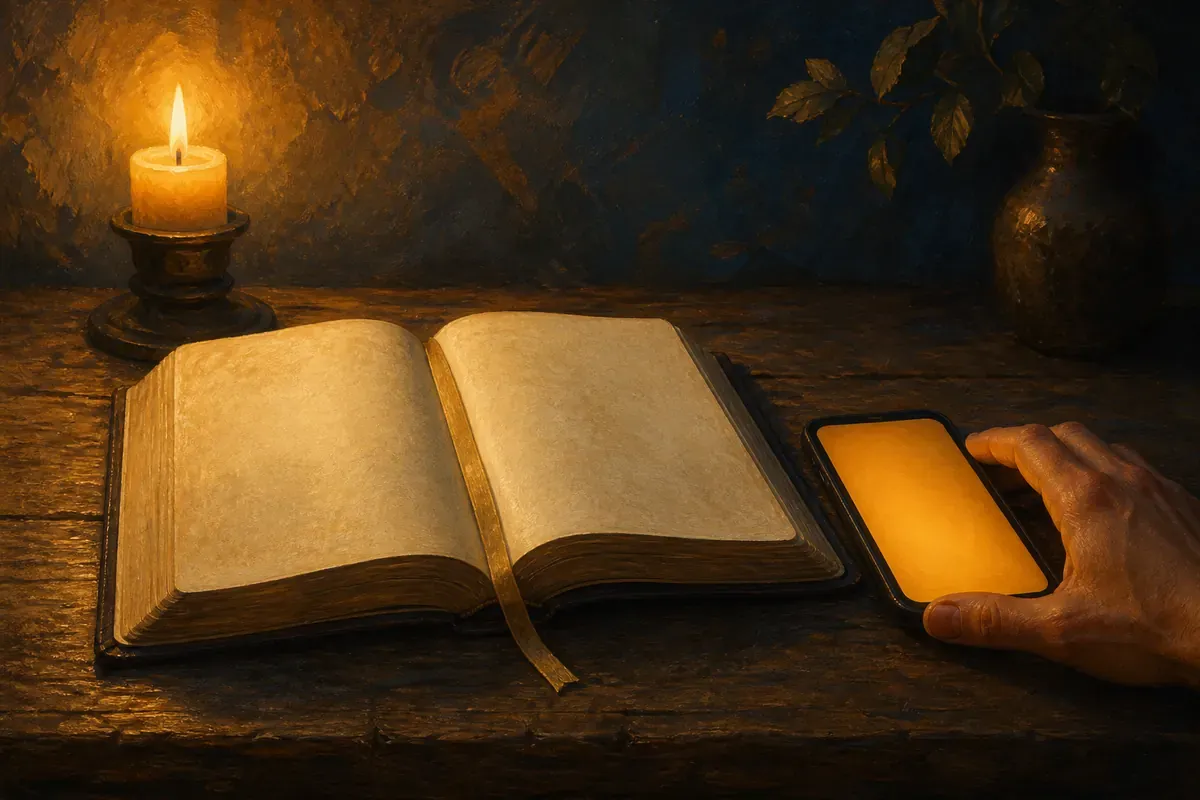 Una mano toca suavemente un teléfono junto a una Biblia abierta y una velita encendida