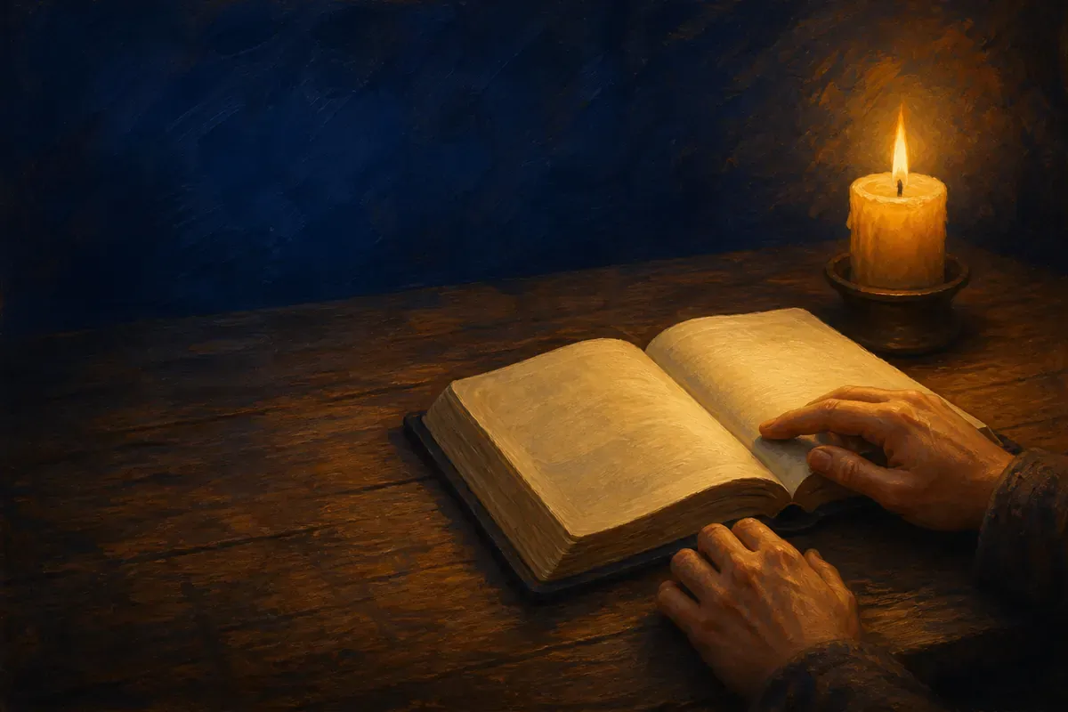 Dos manos descansan junto a una Biblia abierta; un dedo toca una página a la luz de una vela