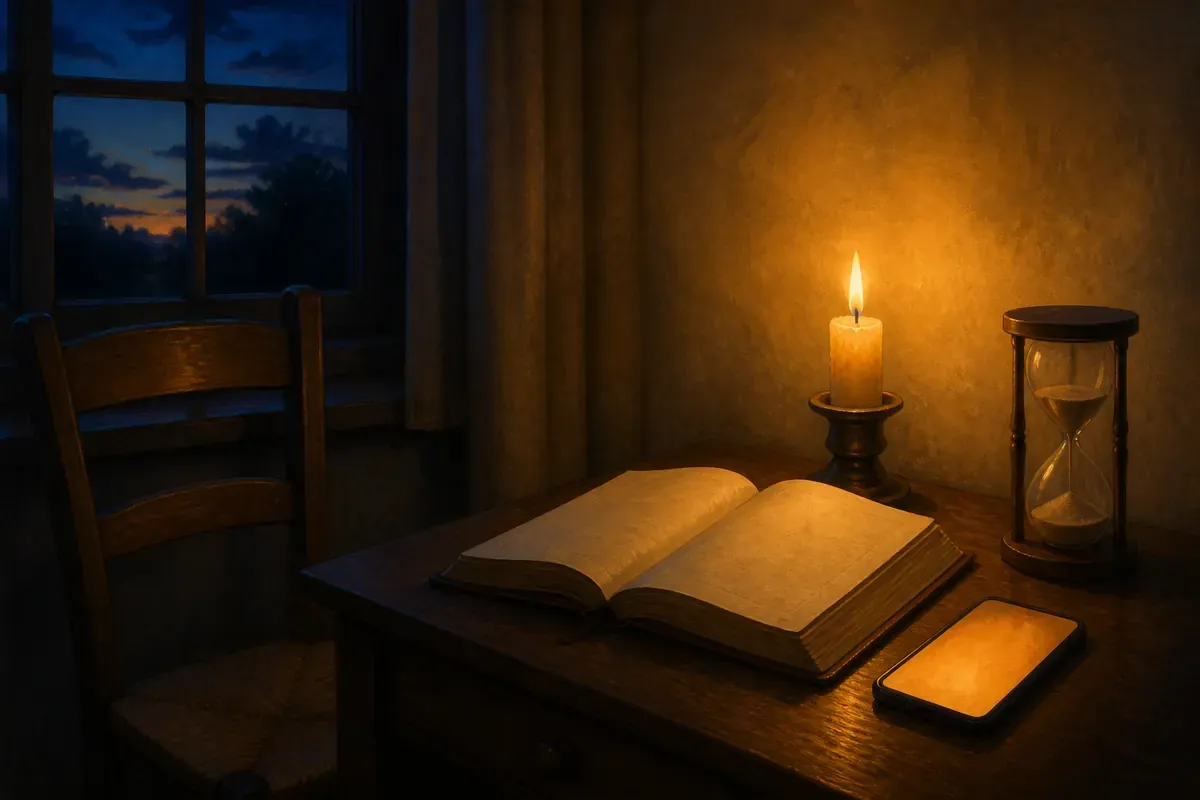 Una Biblia abierta, una vela, un reloj de arena a medio llenar y un teléfono suavemente iluminado esperan sobre una mesa junto a una silla vacía al atardecer