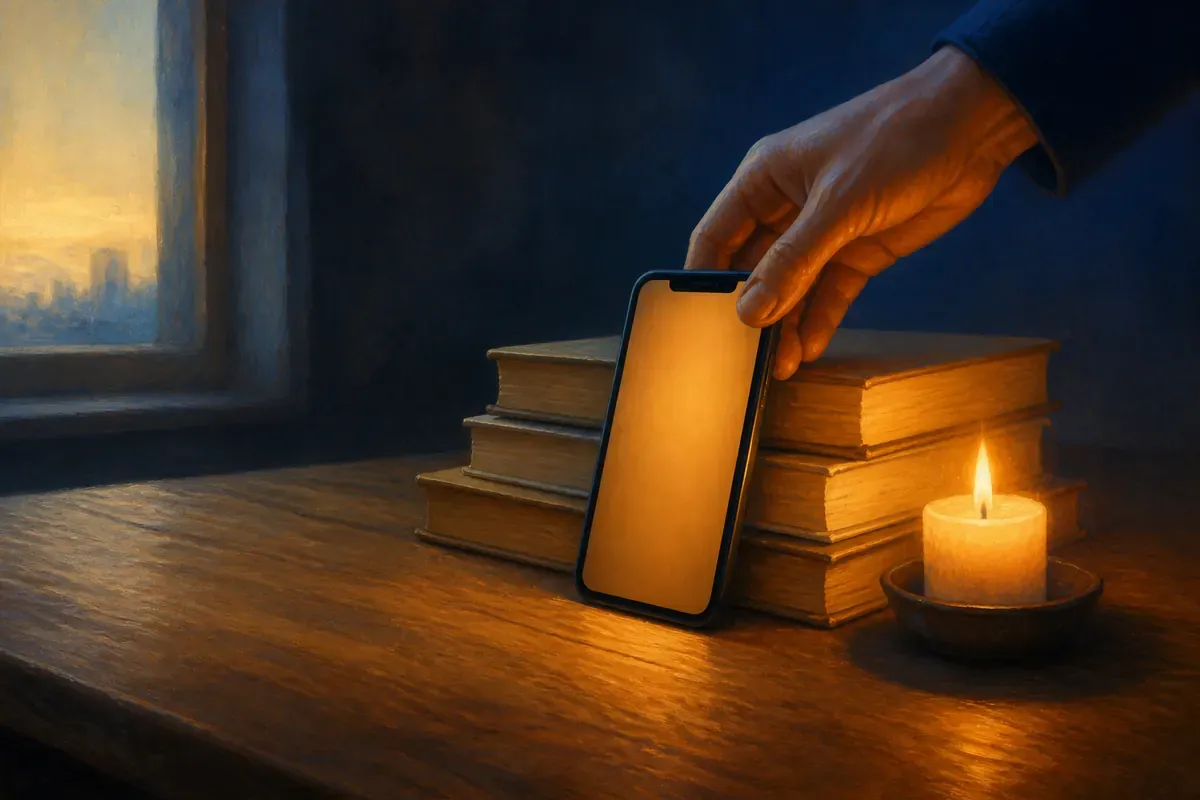 Una mano coloca un teléfono resplandeciente en posición vertical contra unos libros apilados, junto a una velita encendida sobre un escritorio de madera