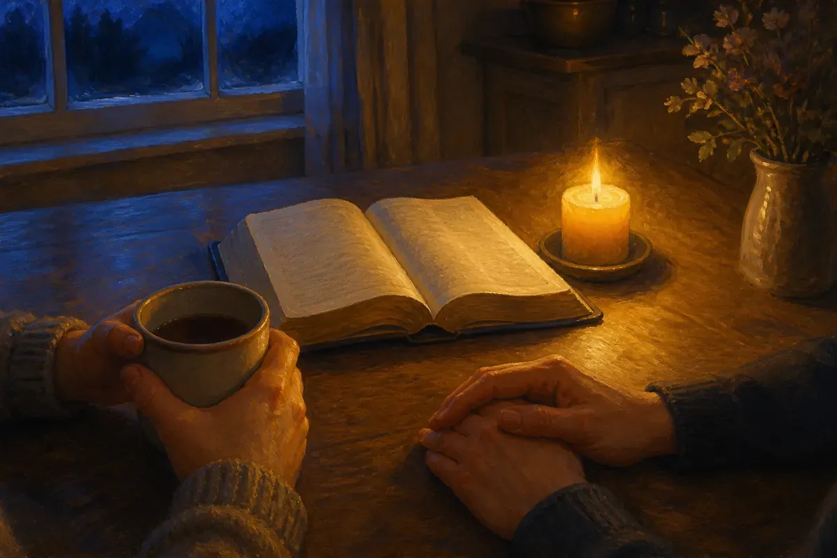 Las manos de dos personas rodean una taza y una Biblia abierta sobre una mesa al anochecer, iluminada por una vela