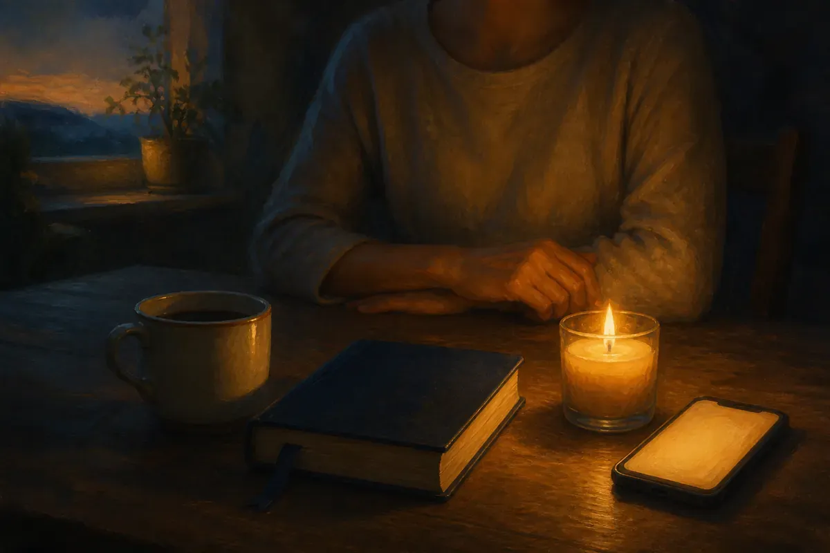 Una Biblia abierta, una vela y un teléfono que proyecta un resplandor cálido sobre una mesa de cocina antes del amanecer.