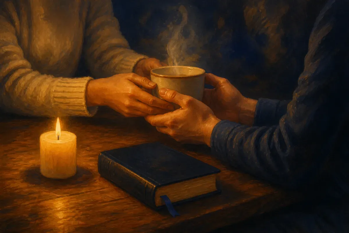 Dos amigos se pasan una taza caliente sobre una mesa junto a una Biblia cerrada y una vela