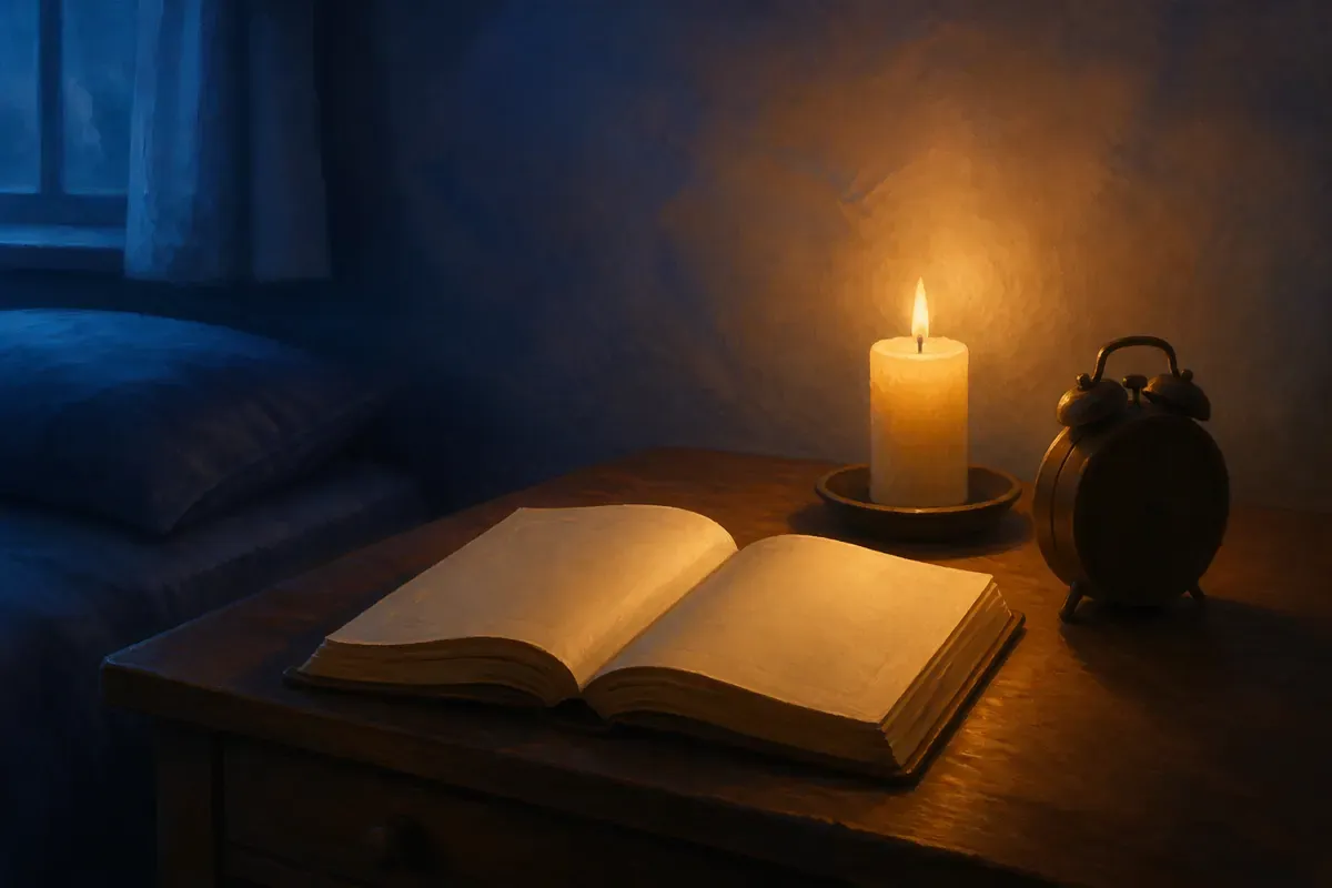 Unas manos descansan junto a una Biblia abierta y una vela sobre una mesa pequeña durante una oración matutina breve.