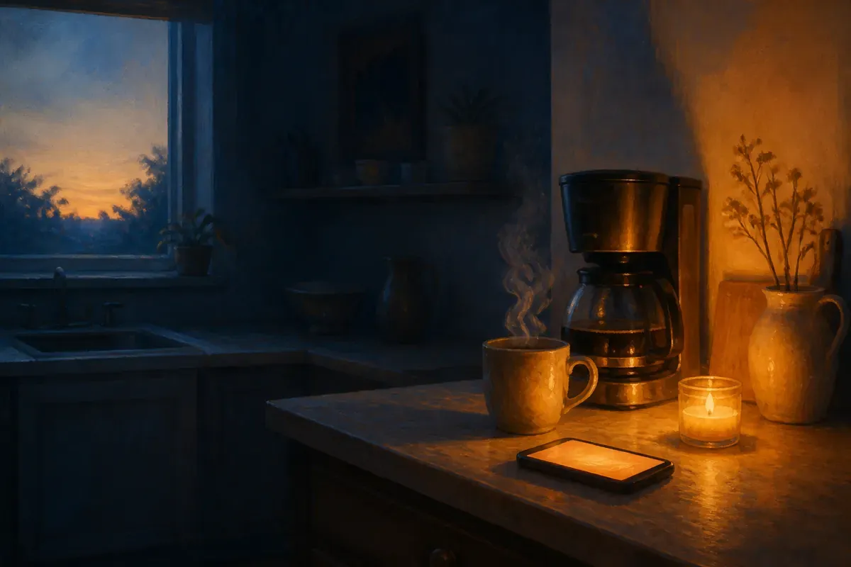 La cocina al amanecer: el café terminando de pasar y un teléfono boca abajo junto a una velita encendida
