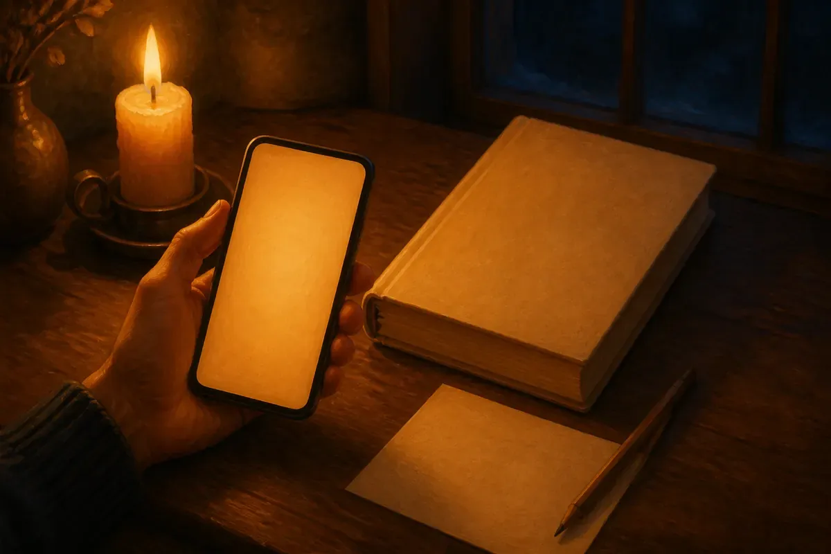 Una mano sostiene un teléfono con la pantalla en blanco junto a una Biblia cerrada y una tarjeta de notas sobre un escritorio iluminado por una vela.