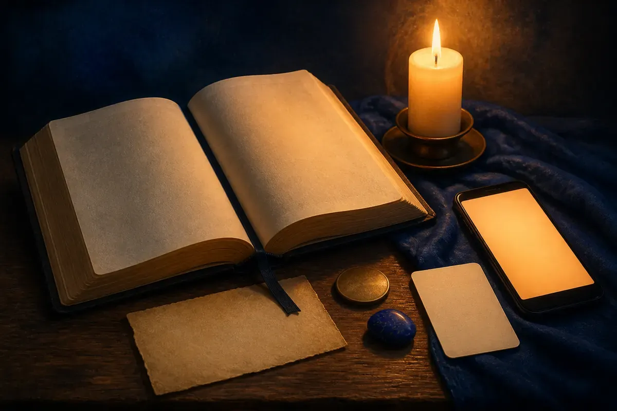 Una Biblia abierta con una cinta, una tarjeta de fecha en blanco, tres marcadores físicos y un teléfono con un resplandor cálido
