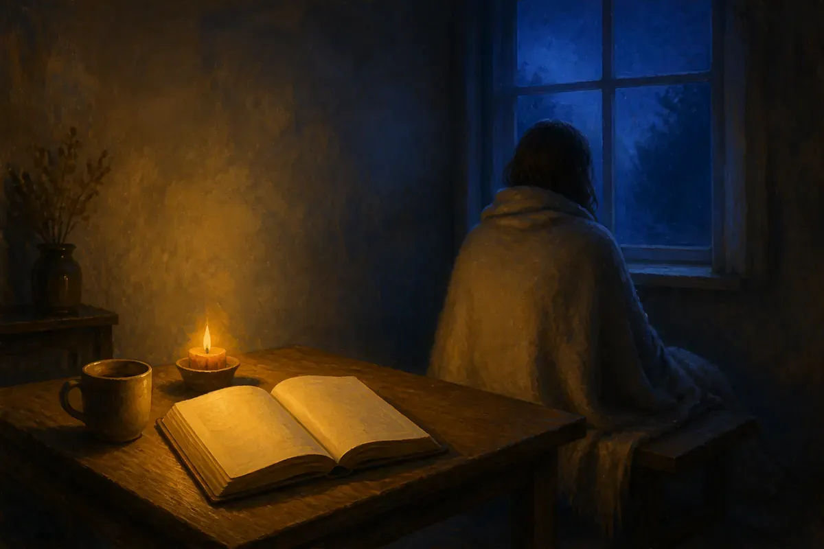 Una persona envuelta en una manta junto a una ventana azul, con una Biblia abierta y una vela sobre una mesa cercana