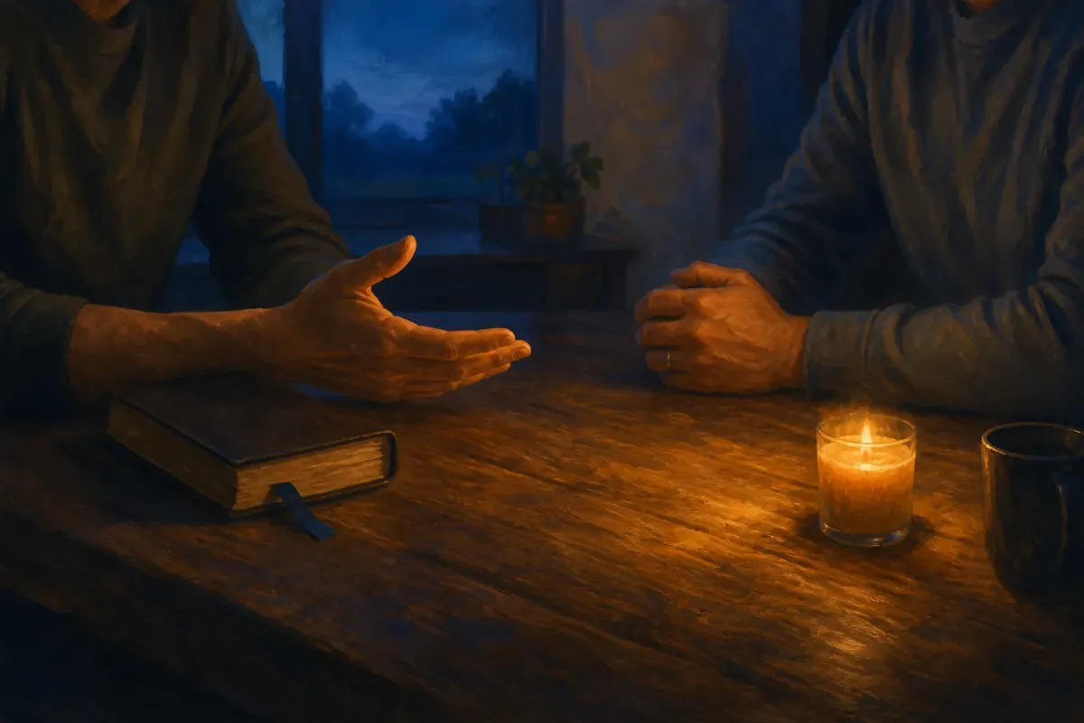 Dos amigos se escuchan frente a frente con luz azul de atardecer, una mano abierta, una Biblia cerrada y una vela