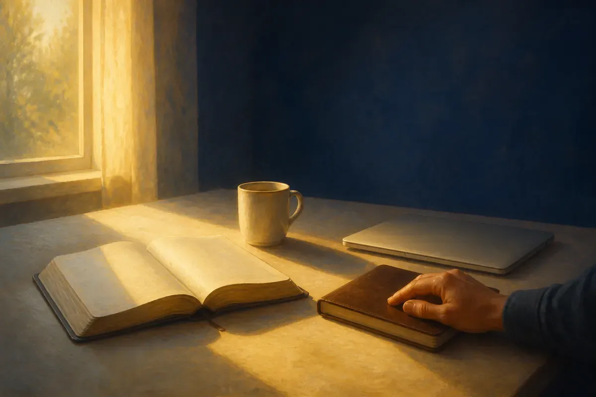 Una mano descansa sobre un libro cerrado junto a una Biblia abierta, café y una computadora portátil cerrada bajo una franja de luz matutina