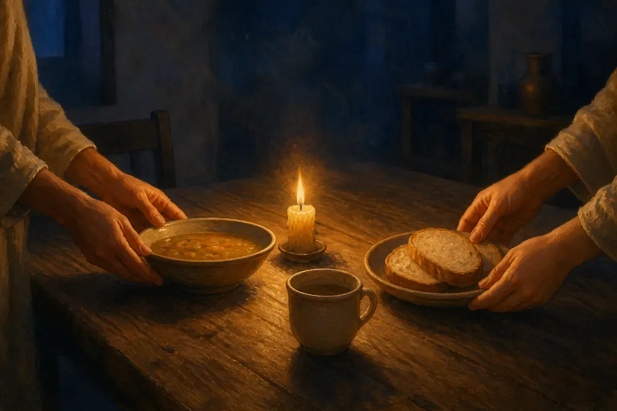 Unas manos colocan pan y un tazón de sopa sobre una mesa de madera compartida alrededor de una sola vela; no se ven rostros