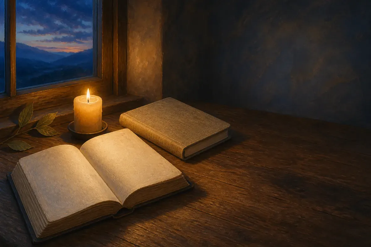 Una Biblia abierta, una vela encendida, un cuaderno de lino cerrado y unas hojas junto a una ventana al anochecer